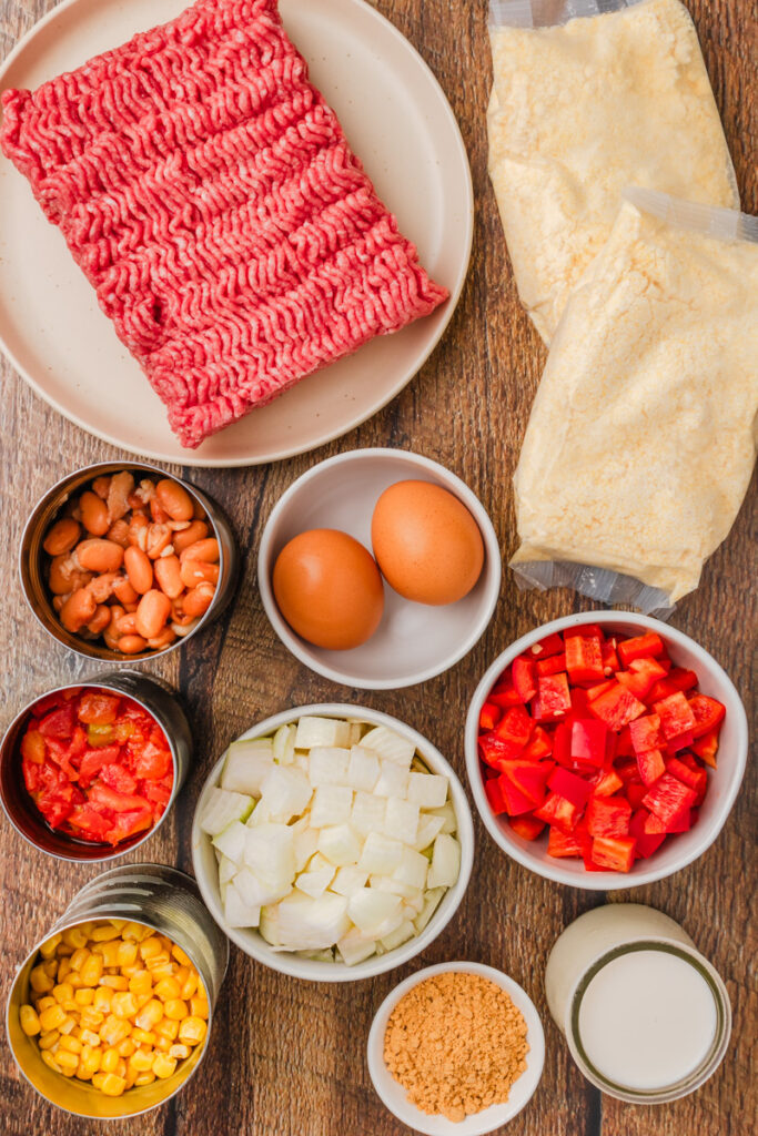 all the ingredients needed to make cornbread cowboy casserole.