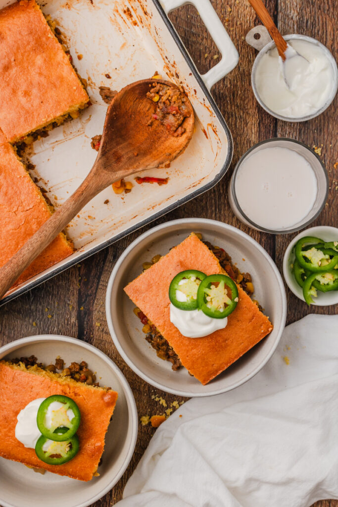 an aerial view of a hearty beef casserole layered with toppings.