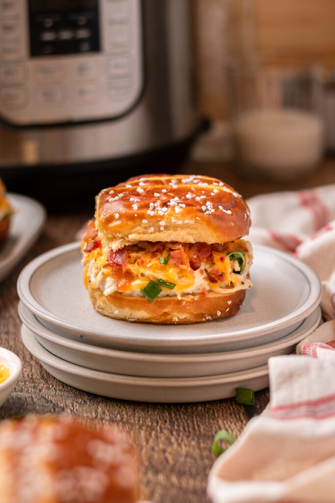 creamy chicken, bacon, and cheese piled on a sandwich roll.