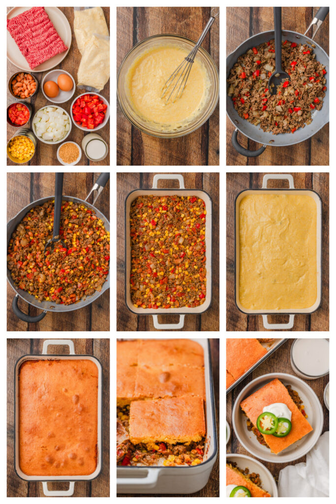 step by step on how to make cowboy cornbread casserole.