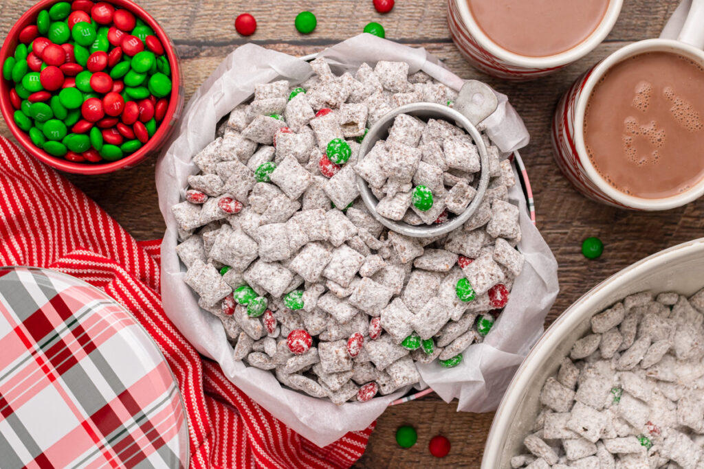 a holiday sweet treat coated with chocolate chex cereal.