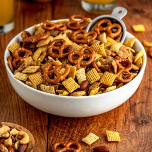 Cajun Chex Mix served in a bowl.