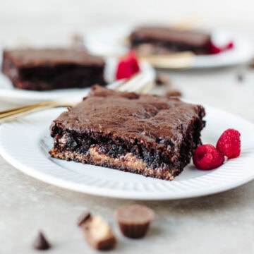 a piece of Death by Chocolate Peanut Butter Dump Cake on a white plate with raspberries.