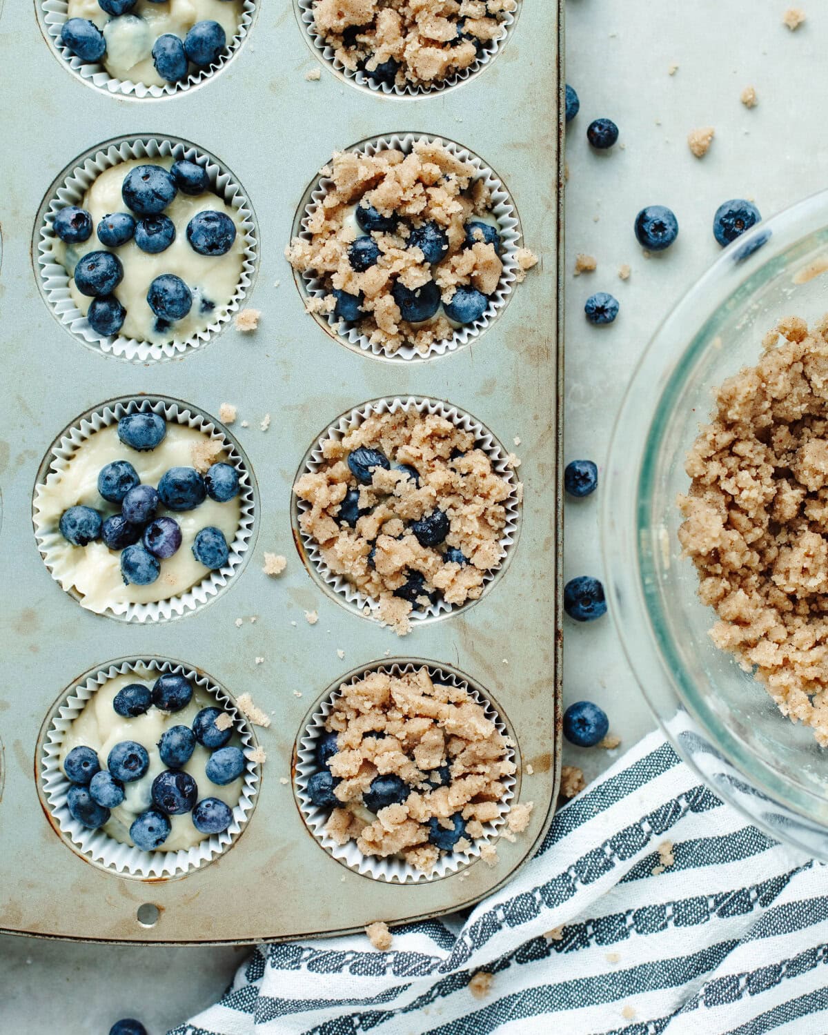 cinnamon streusel sprinkled on top of muffin batter.