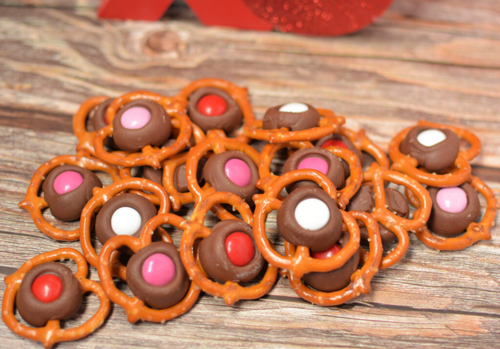 a pile of chocolate valentine pretzels ready to enjoy.