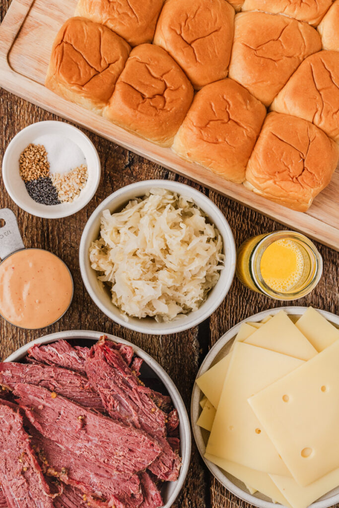 all the ingredients needed to make easy baked Reuben sliders.