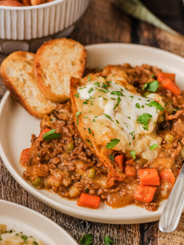 hearty shepherds pie served on a plate.