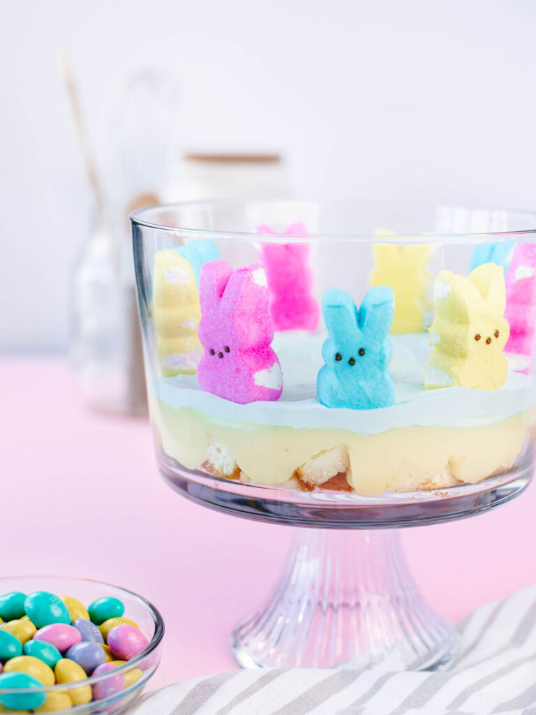 peeps standing up in a glass bowl for an Easter dessert.