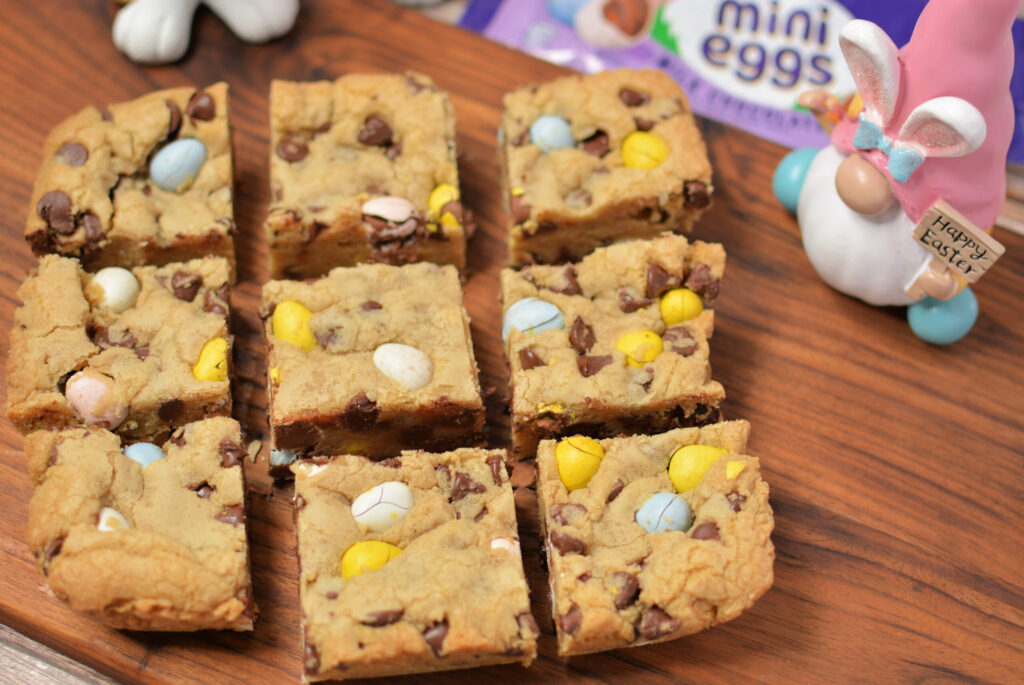 a brown sugar based cookie bar with chocolate pieces throughout.