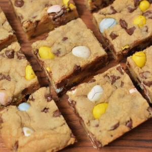 chocolate mini eggs throughout a cookie bar.