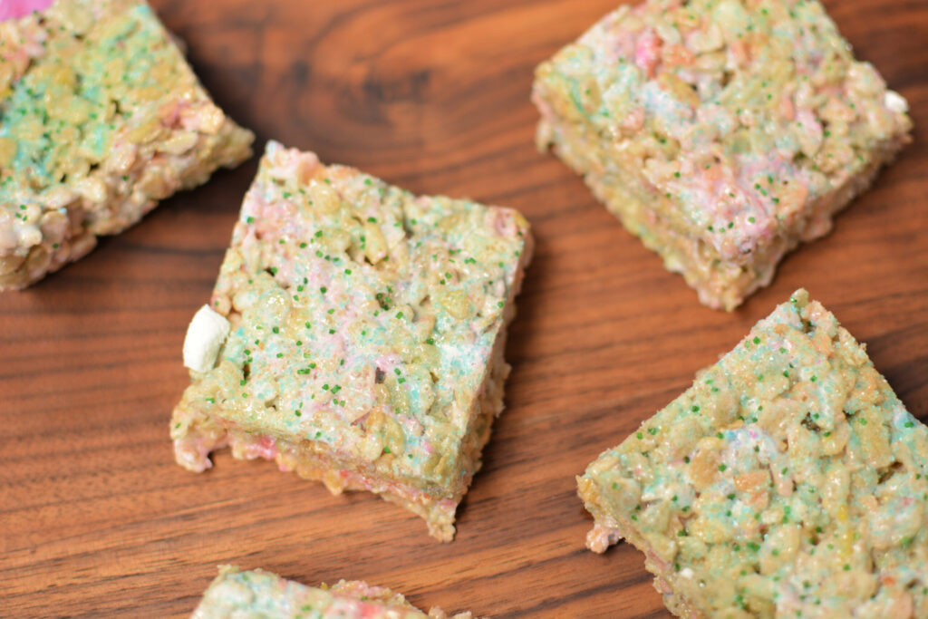 pieces of ooey gooey bars made with rice cereal and marshmallows.
