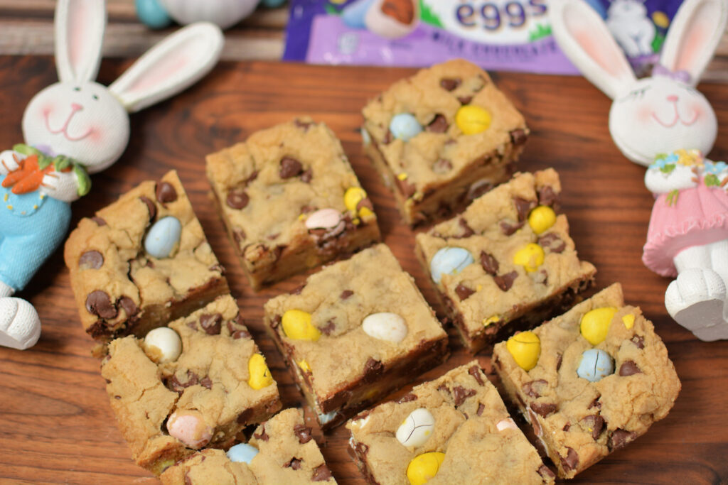 an up-close look at chocolate chip blondie bars.