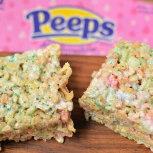 marshmallow cereal bars made with Easter marshmallow Peeps instead of mini marshmallows.