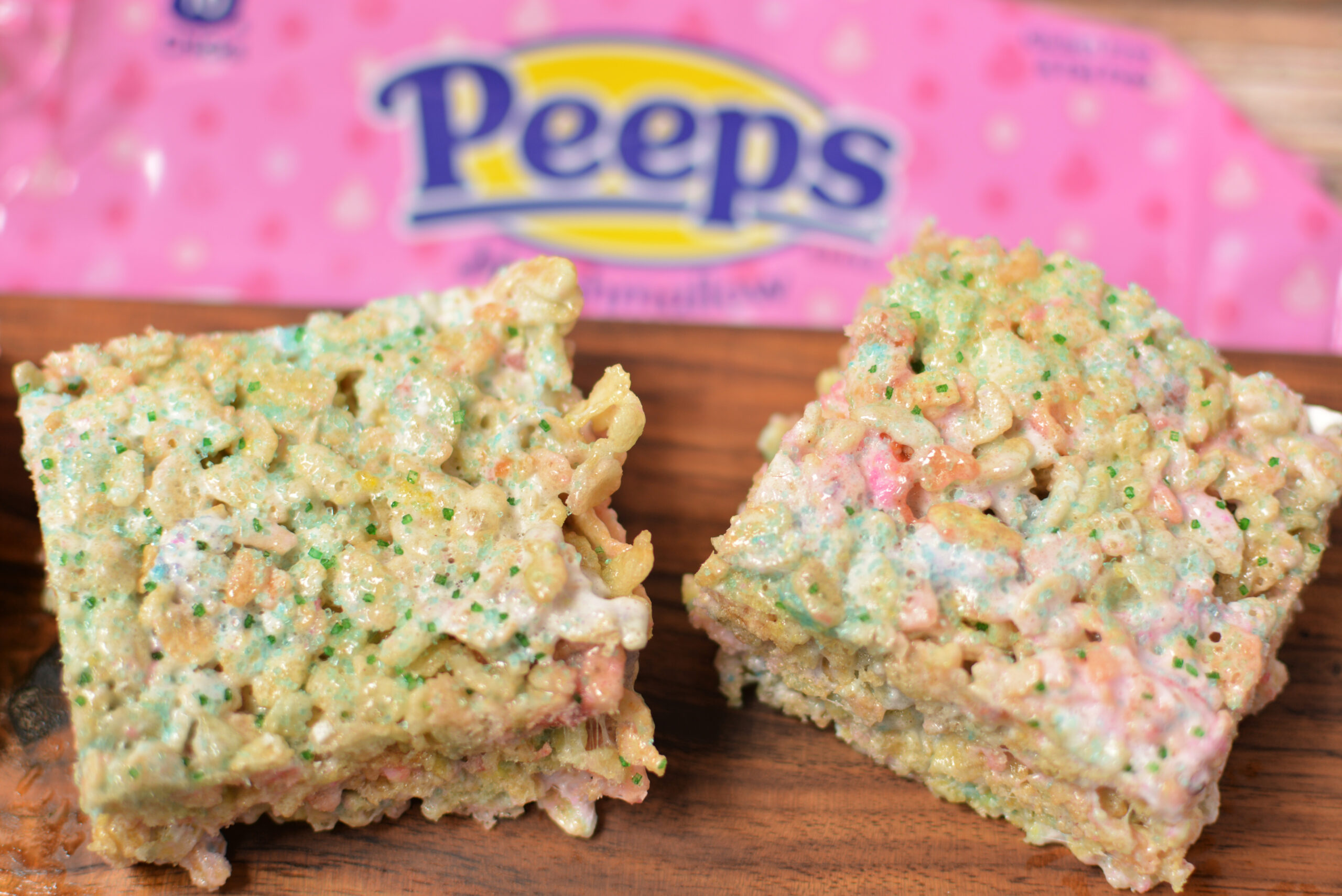 a picture of rice krispie treat bars using peeps