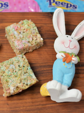 sliced rice krispy bars using Peeps instead of marshmallows.
