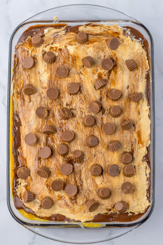 reese's peanut butter cup on top of a chocolate peanut butter poke cake.