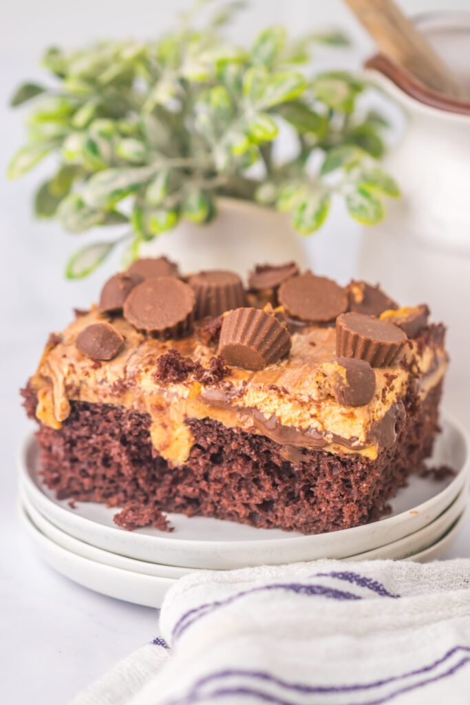 Reese's cups on top of a chocolate cake with a peanut butter creamy filling throughout.