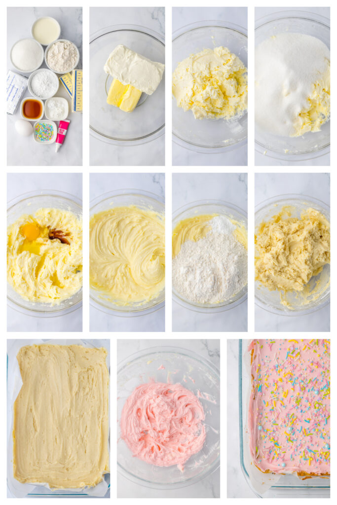 step by step on how to make frosted sugar cookie bars.