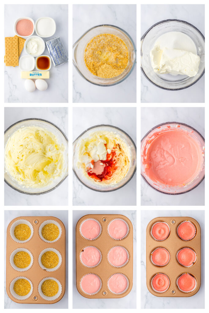 step by step on how to make miniature strawberry cheesecakes.