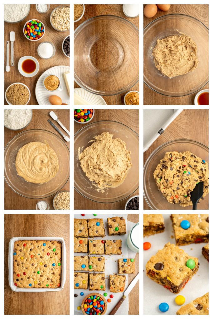 step by step on how to make classic monster cookie bars.