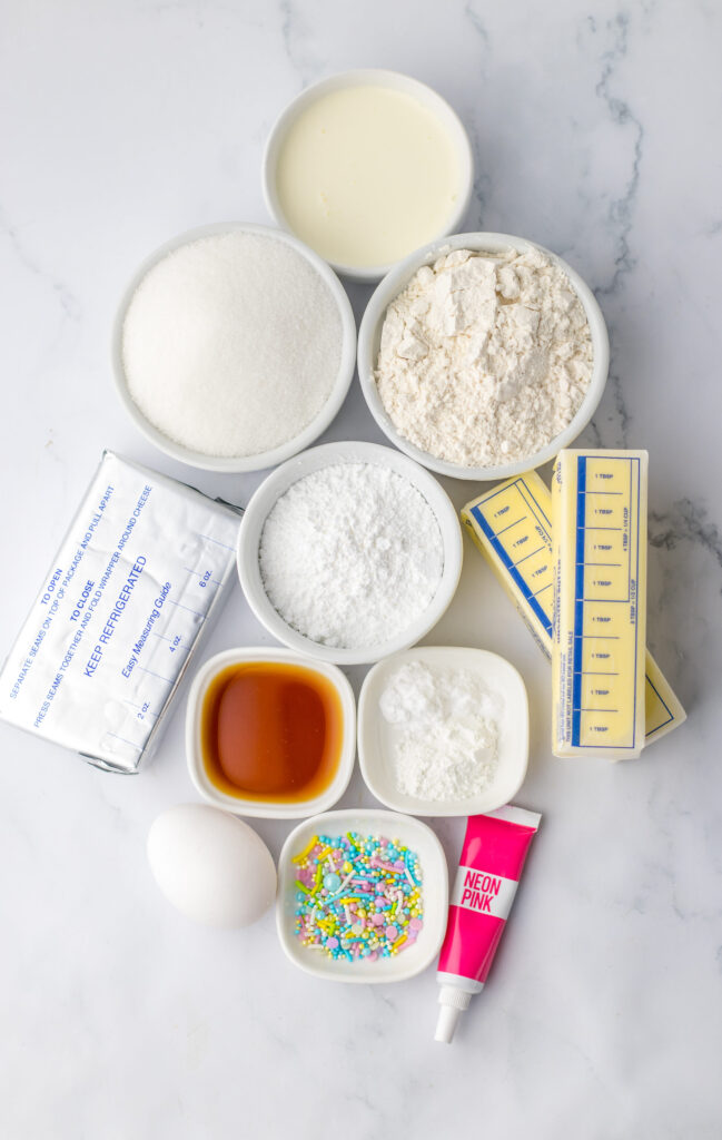 all the ingredients needed to make no fail sugar cookie bars.