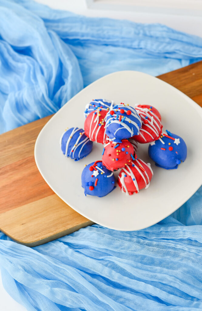 a Patriotic no-bake Oreo dessert on a serving plate.