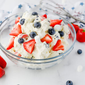 a Patriotic dessert served in a glass bowl.