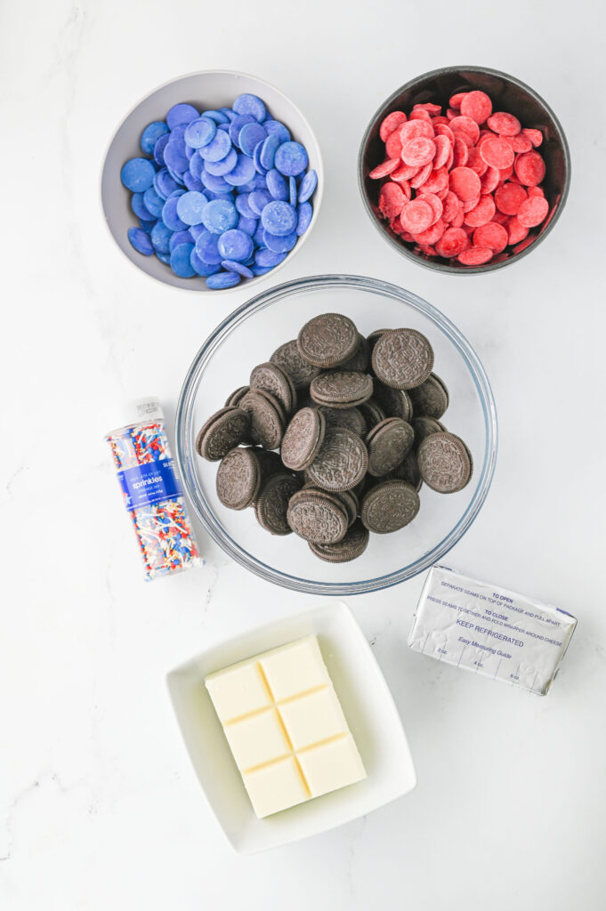 all the ingredients needed to make patriotic Oreo truffles.