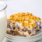a slice of nutter butter lasagna on a serving plate.