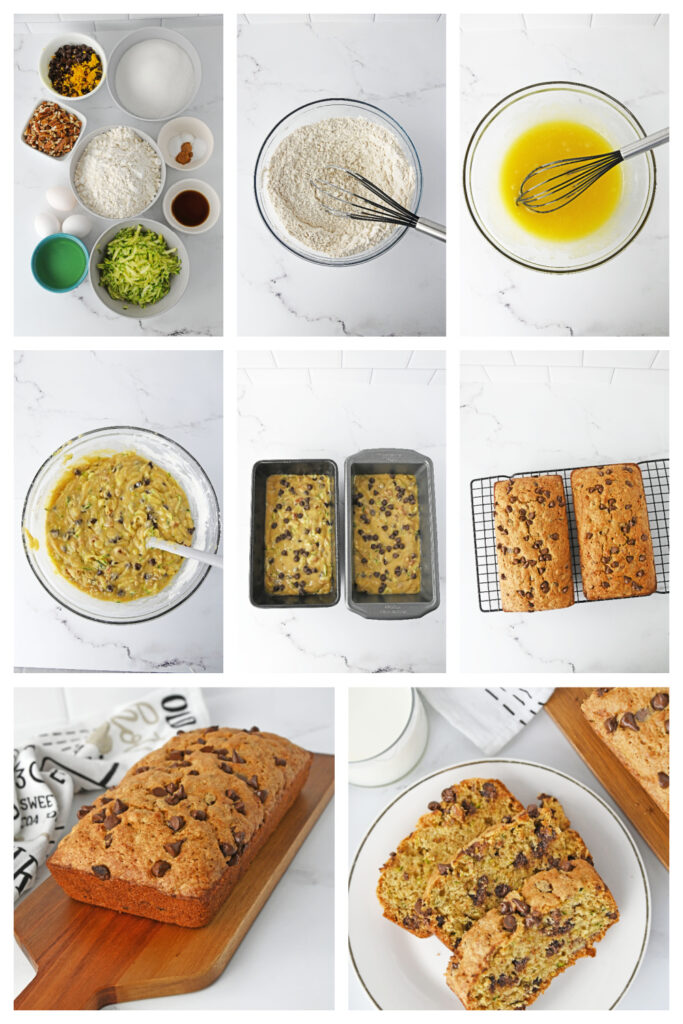 step by step on how to make chocolate chip zucchini bread.