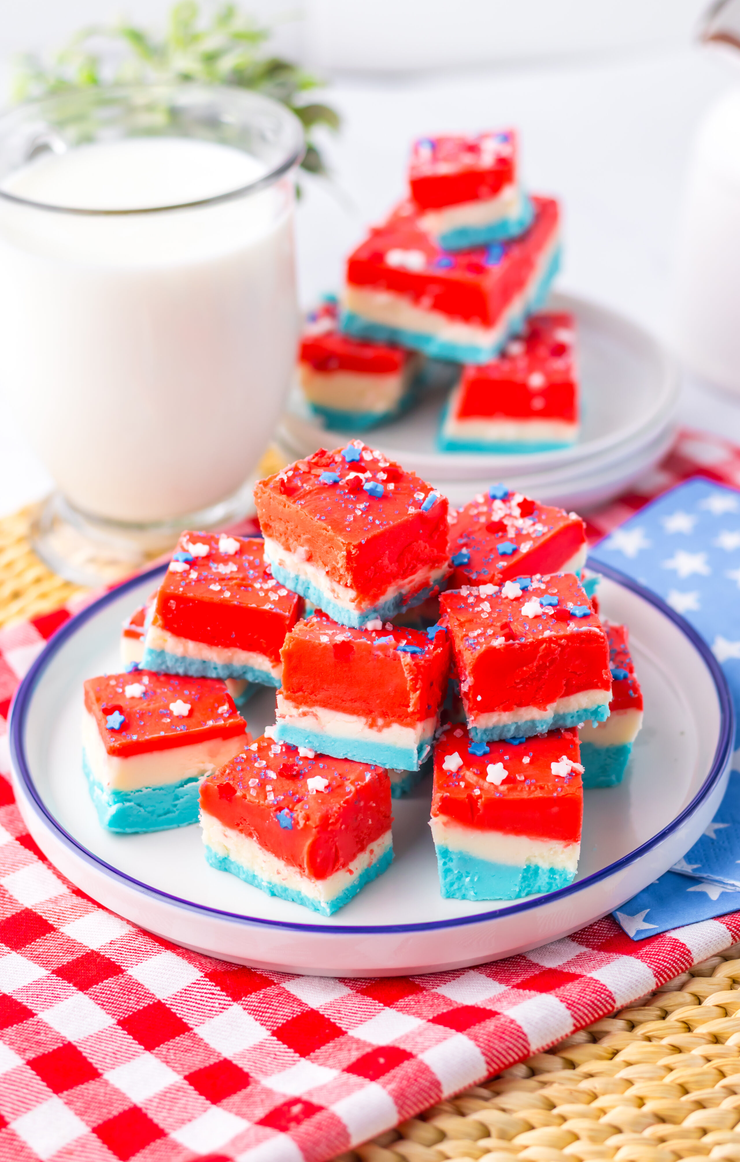 red, white, and blue layered fudge on a plate.