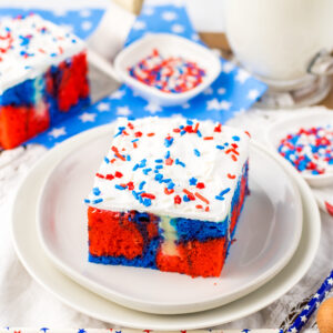 a moist and flavorful white cake colored red and blue for the 4th of july.