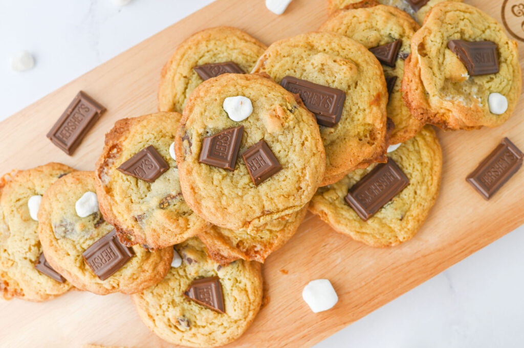 a chocolate chip cookie studded with chocolate pieces, marshmallows, and crush graham crackers.