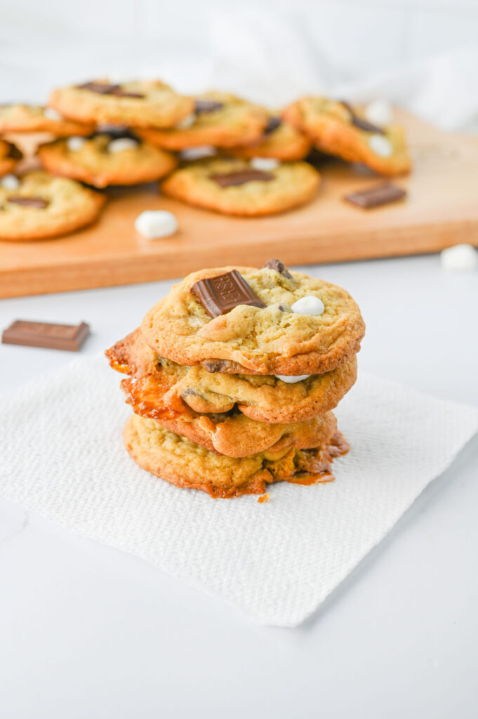 freshly baked chocolate chip cookies with marshmallows and graham crackers.