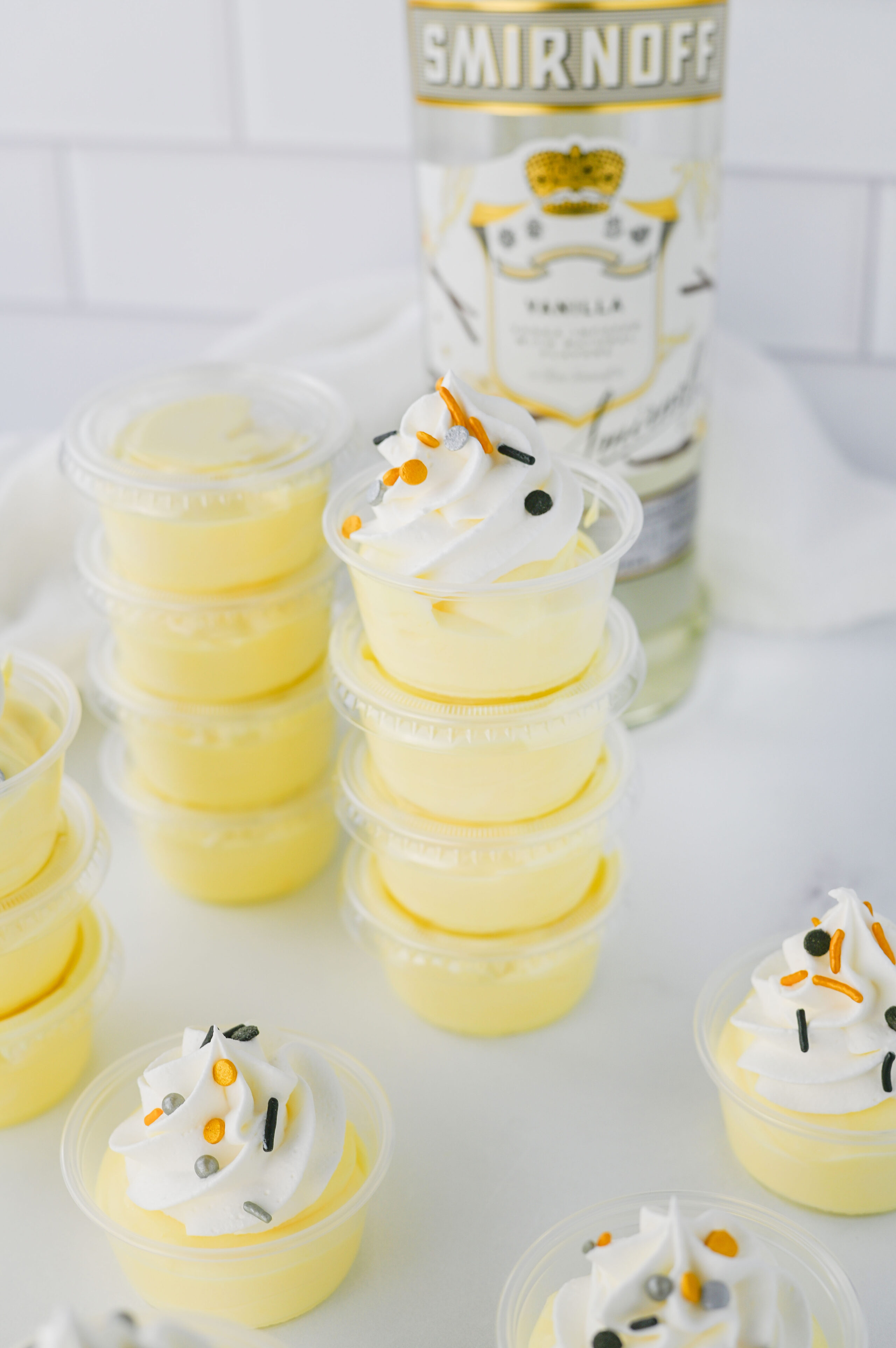 a boozy vanilla pudding shot ready to serve.