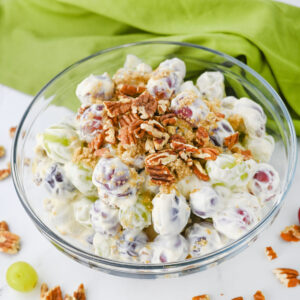 red and green grapes combined into a sweet dessert salad.