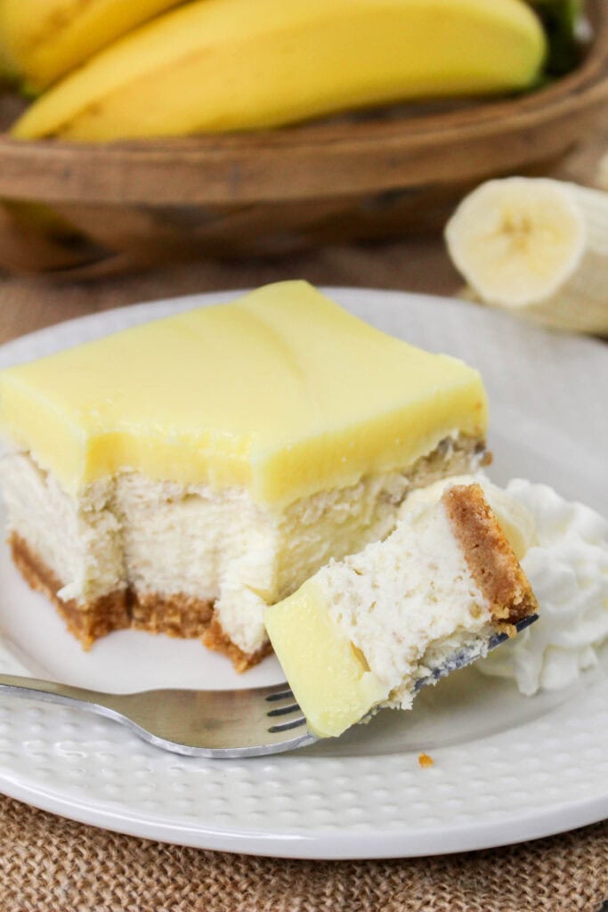 a piece of cheesecake with banana flavors throughout.