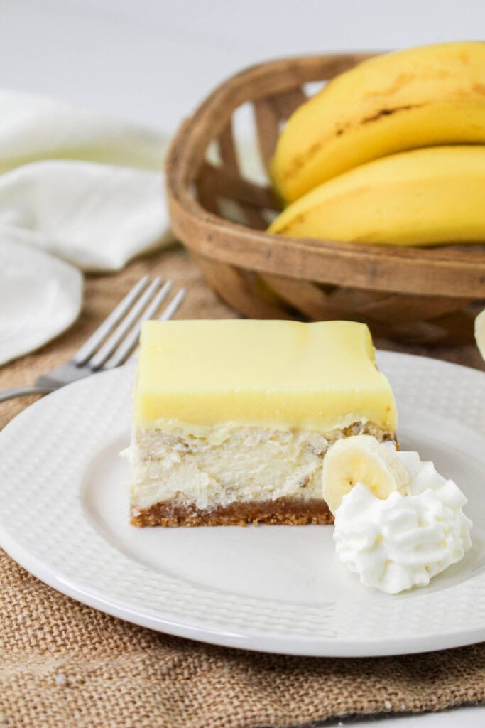 a serving of creamy bars made with both cheesecake and banana pudding combined.