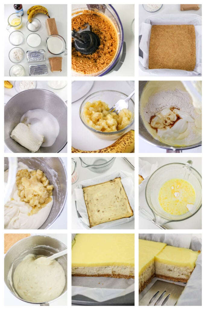 step by step on how to make banana pudding cheesecake squares.
