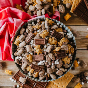 a no bake chocolate snack mix ready to enjoy.