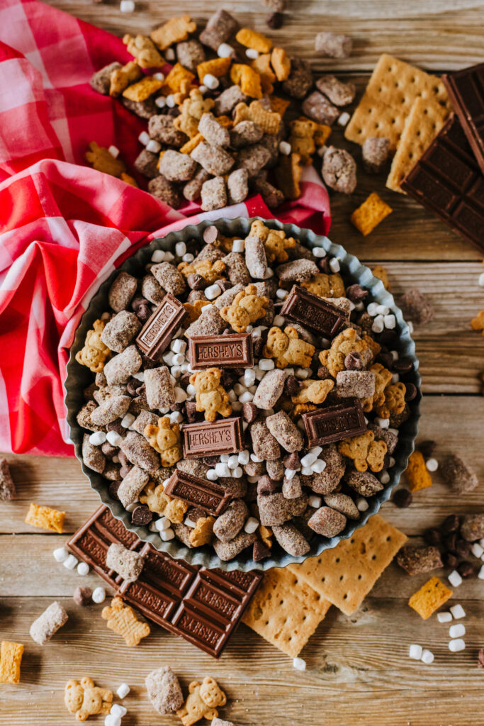 a no bake chocolate snack mix ready to enjoy.