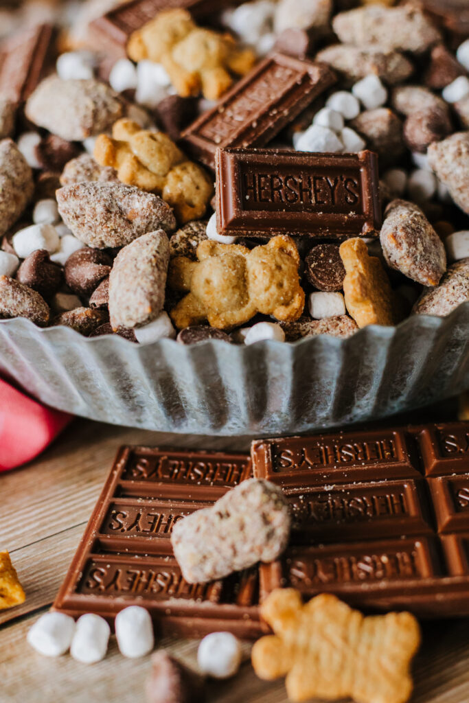 a chocolate snack mix made from chex, marshmallows, and chocolate pieces.