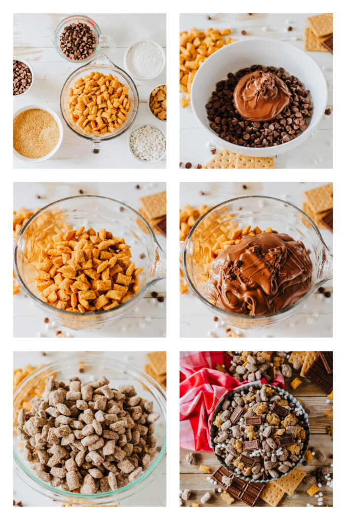 step by step on how to make smores muddy buddies.