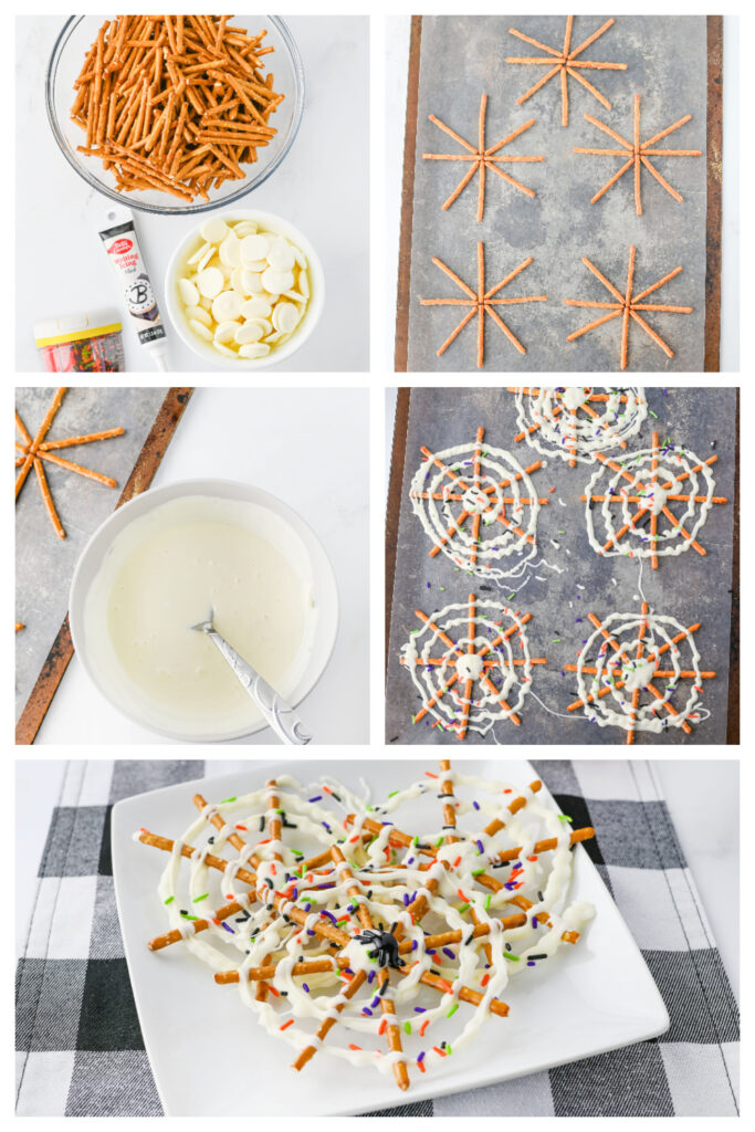step by step on how to make spider web pretzels.
