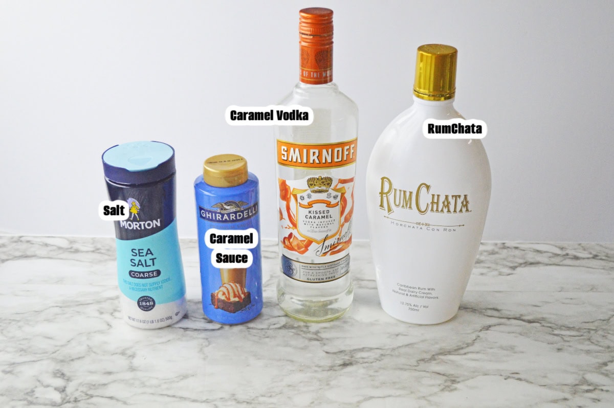 all the ingredients needed to make a salted caramel martini.