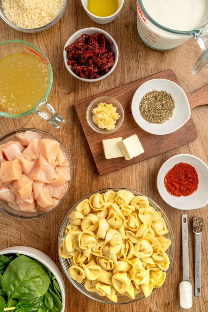 all the ingredients needed to make marry me chicken tortellini.