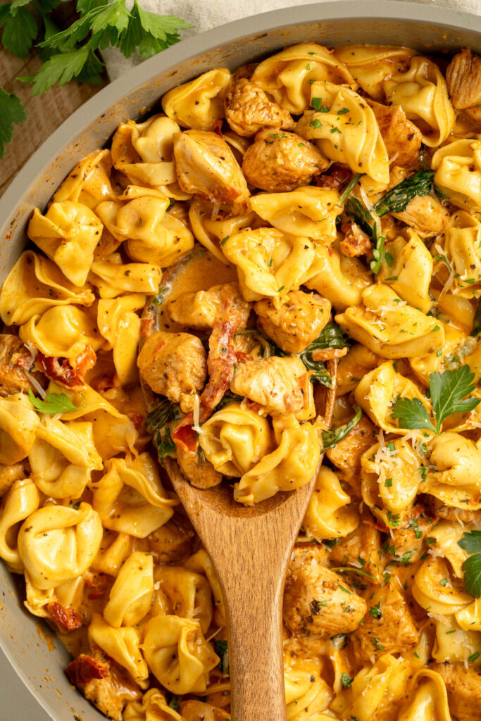 a creamy pasta dish with sundried tomatoes and chicken.