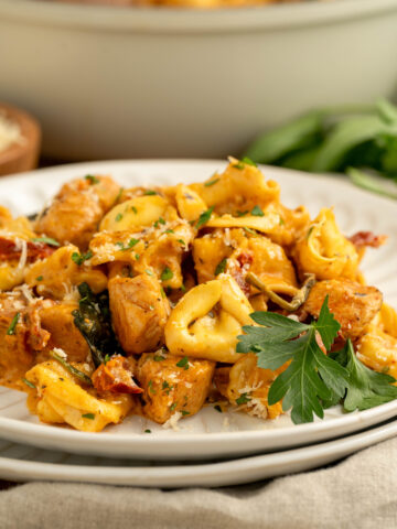 a tomato based pasta with chicken and seasonings.
