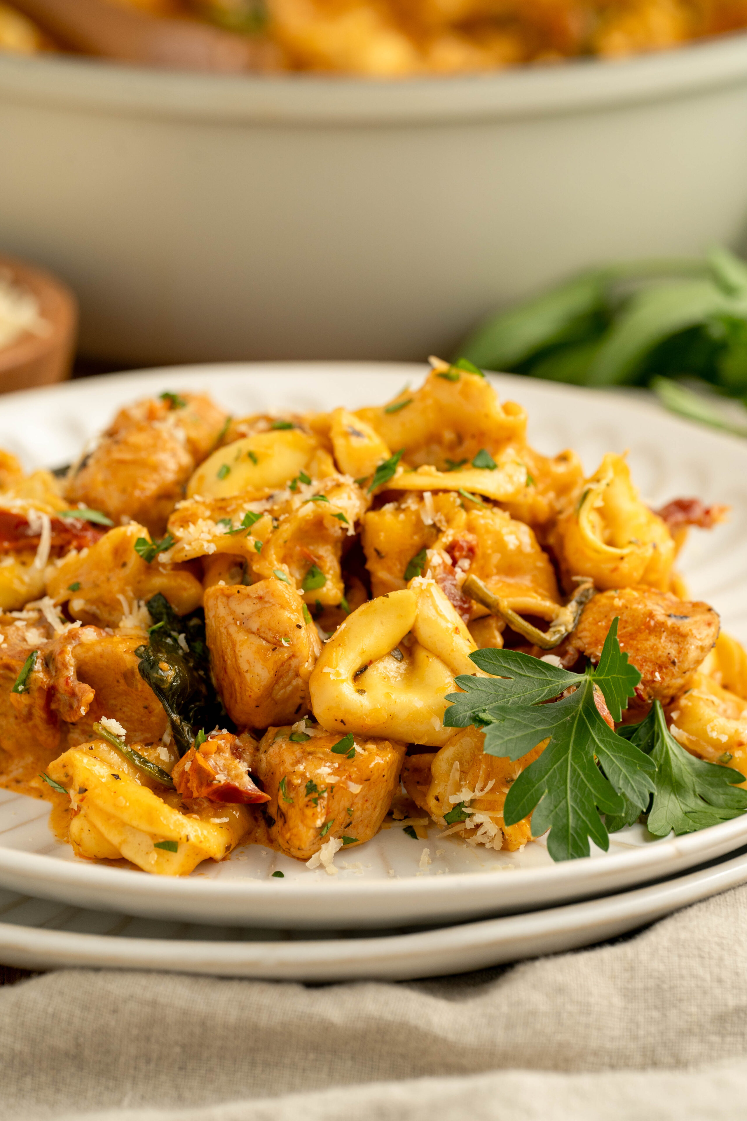 creamy tortellini with chicken in a marry me sauce on a white plate.