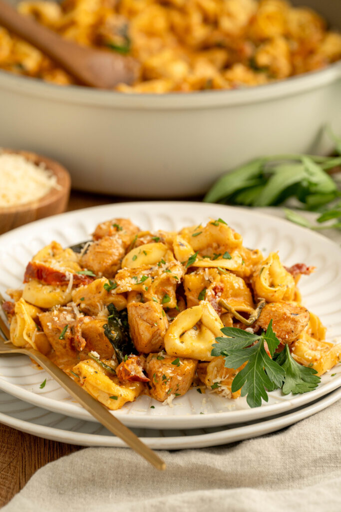 pasta dinner served on a white plate.